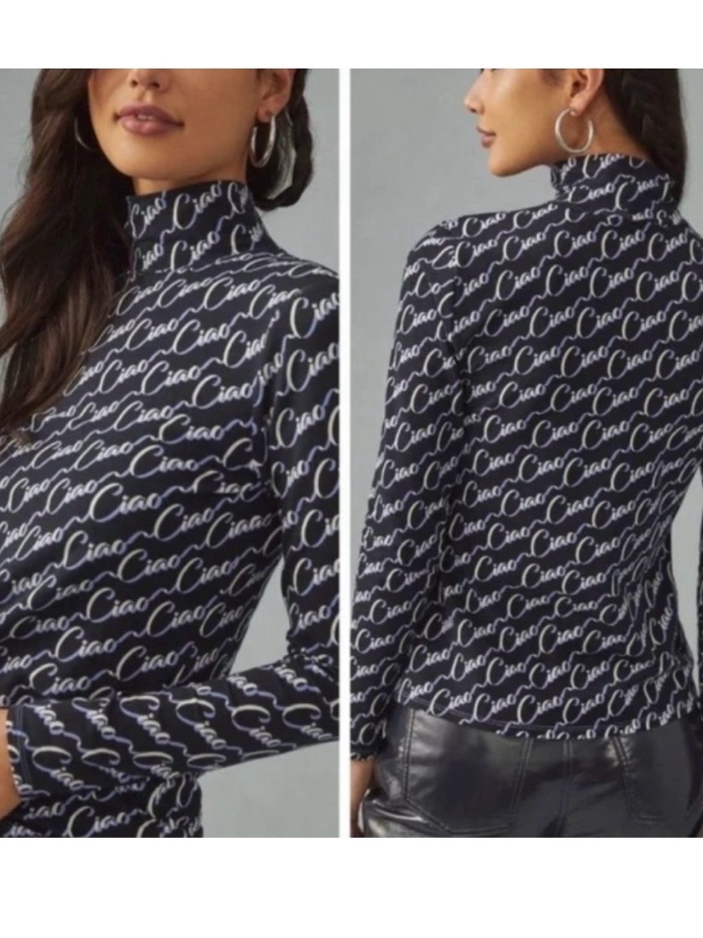 Maeve Anthro Ciao All-Over Graphic Print Mock Neck Long Sleeve Tee Size M